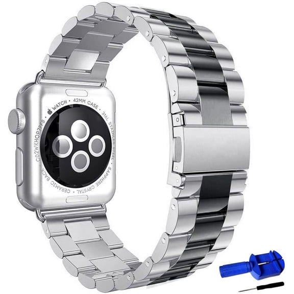 KOMI Solid Stainless Steel Band Compatible with Apple Watch 49mm 46mm 45mm 44mm 42mm 41mm 40mm 38mm, Metal Strap for iWatch Series Ultra/Ultra2/10/9/8/7/6/5/4/3/2/1 SE Women and Men Silver/Black