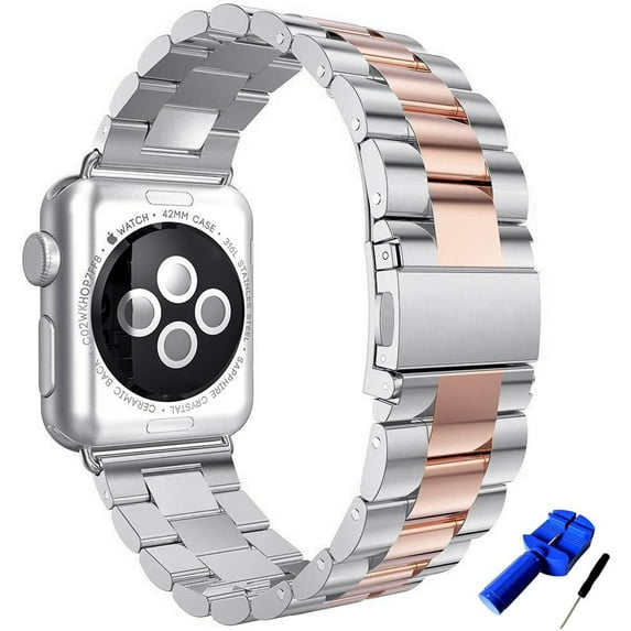 KOMI Solid Stainless Steel Band Compatible with Apple Watch 49mm 46mm 45mm 44mm 42mm 41mm 40mm 38mm, Metal Strap for iWatch Series Ultra/Ultra2/10/9/8/7/6/5/4/3/2/1 SE Women and Men Silver/Rose Gold