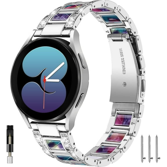KOMI Sparkling Band Compatible Samsung Galaxy Watch 7/6/5/4 FE 40mm 44mm Classic 43mm 47mm/Classic 42mm 46mm/Active 2 Watch Bands Resin,20mm Stainless Steel Bracelet Band for Galaxy Watch 3 41mm/42mm