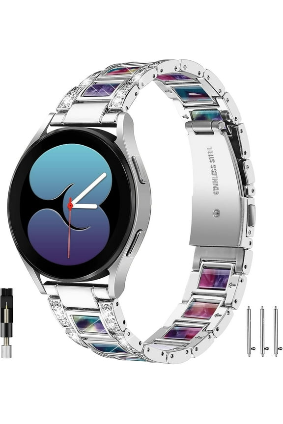 Sparkling Band Compatible Samsung Galaxy Watch 7/6/5/4 FE 40mm 44mm Classic 43mm 47mm/Classic 42mm 46mm/Active 2 Watch Bands Resin,20mm Stainless Steel Bracelet Band for Galaxy Watch 3 41mm/42mm