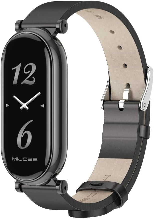 KOMI Strap for Xiaomi Mi Band 9 Mi Band 8, Mi Band 7 Genuine Leather Replacement Strap Watch Wrist Band Smart Bracelet Accessories for Xiaomi Mi 6 5 Fit Band Black+Black