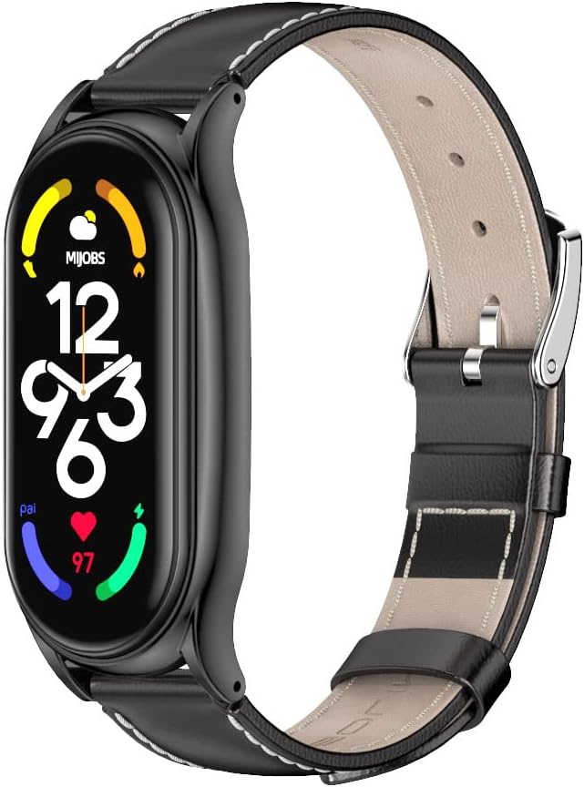 KOMI Strap for Xiaomi Mi Band 9 Mi Band 8, Mi Band 7 Genuine Leather Replacement Strap Watch Wrist Band Smart Bracelet Accessories for Xiaomi Mi 6 5 Fit Band Black