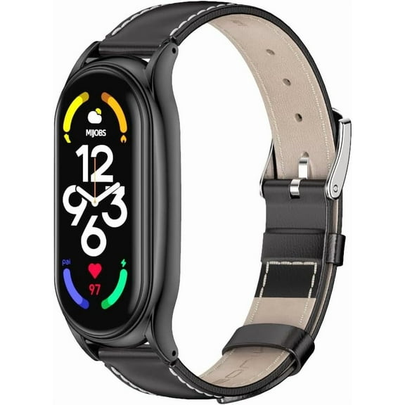 KOMI Strap for Xiaomi Mi Band 9 Mi Band 8, Mi Band 7 Genuine Leather Replacement Strap Watch Wrist Band Smart Bracelet Accessories for Xiaomi Mi 6 5 Fit Band Black