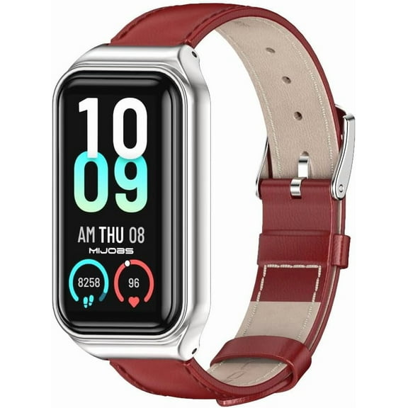 KOMI Strap for Amazfit Band 7 Genuine Leather Replacement Strap Watch Wrist Band Smart Bracelet Accessories for Amazfit 7 Fit Band Red+Silver