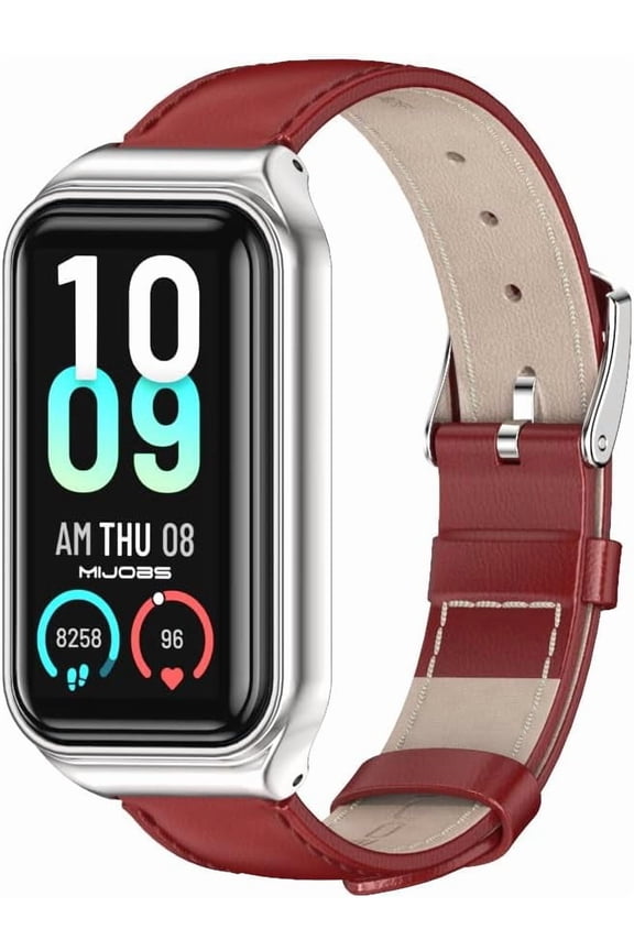 Strap for Amazfit Band 7 Genuine Leather Replacement Strap Watch Wrist Band Smart Bracelet Accessories for Amazfit 7 Fit Band Red+Silver