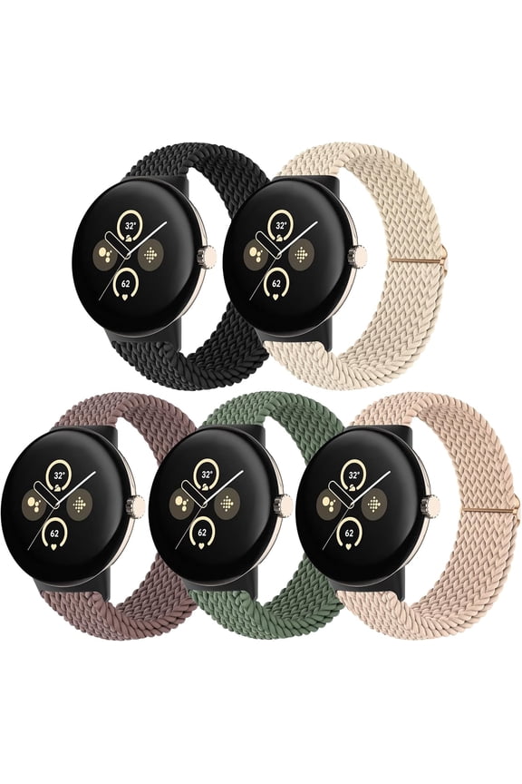 Stretchy Braided Bands Compatible with Google Pixel Watch 3 Band 41mm/Pixel Watch 2 Band/Google Pixel Watch Band - Upgraded Connector - Elastic Nylon Breathable Sport Straps for Women Men 5 Pack