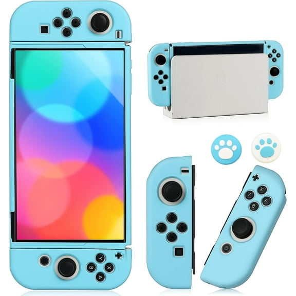 KOMI Switch OLED Case for Nintendo Switch OLED Model, Dockable Cover Soft TPU Protector Case for Switch OLED Grips & Console and Accessories with 2 Pcs Thumb Caps, Blue