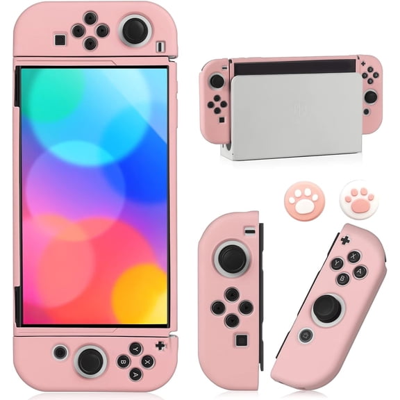 KOMI Switch OLED Case for Nintendo Switch OLED Model, Dockable Cover Soft TPU Protector Case for Switch OLED Grips & Console and Accessories with 2 Pcs Thumb Caps, Pink