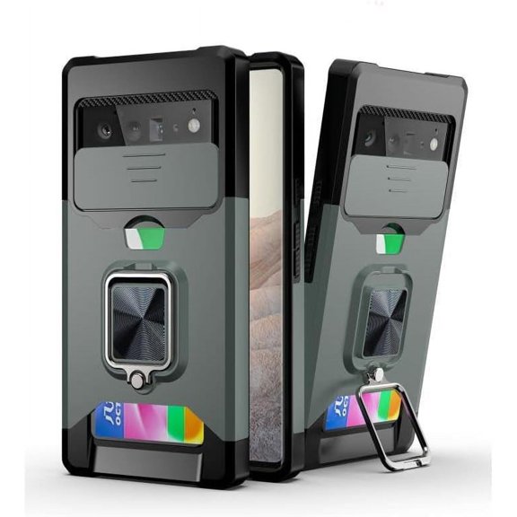 KOMI TPU+PC Holder Slot Adjustable Stand Case with 360 ° Ring Holder Support Protective Cover Push Window Insert Card Phone Case Compatible with Google Pixel 8 Pro 7A/6A/5A (Green, Google Pixel 6A)