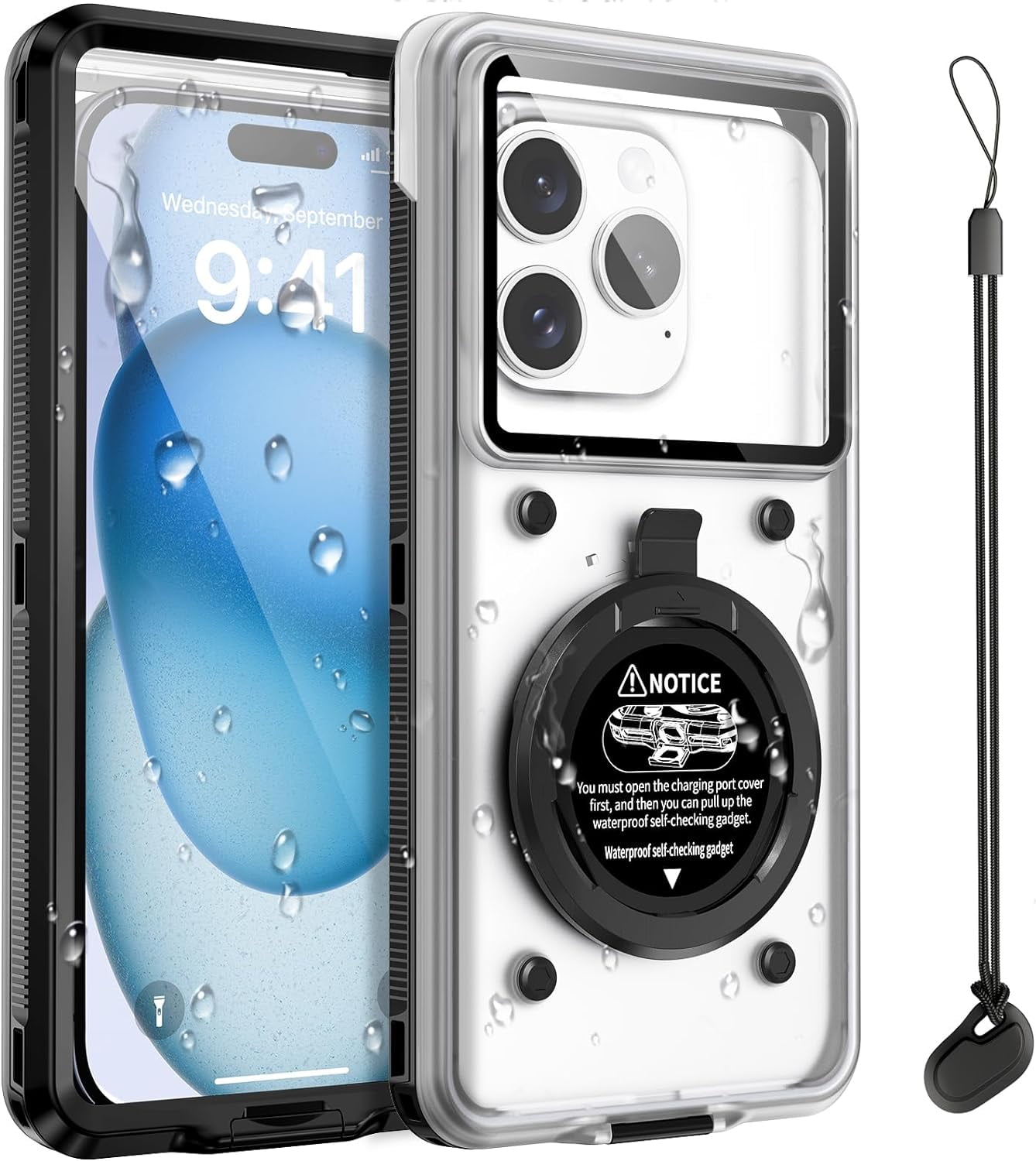 KOMI Waterproof Phone Case, Underwater Snorkeling Diving Phone Case, Universal Self-Check Water Proof Pouch Dry Bag Up to 6.9 Inch for iPhone 15/14/13/12/11/Samsung S24/S23/Google Series - Black