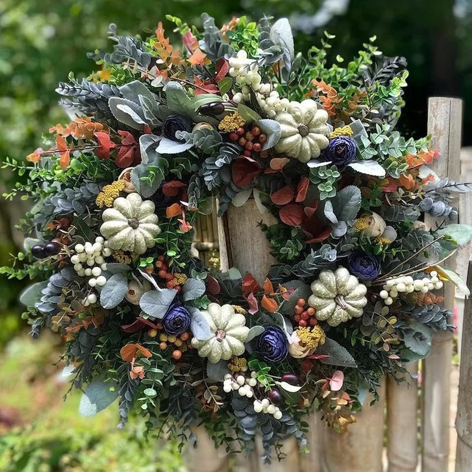 KOMI White Pumpkins Ranunculus Wreath for Front Door - Handmade