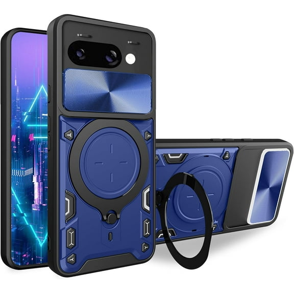 KOMI for Google Pixel 9A Case with Magnetic Ring Kickstand, Lens Protection Shockproof Stand Case with Slide Camera Cover for Pixel 9A Blue