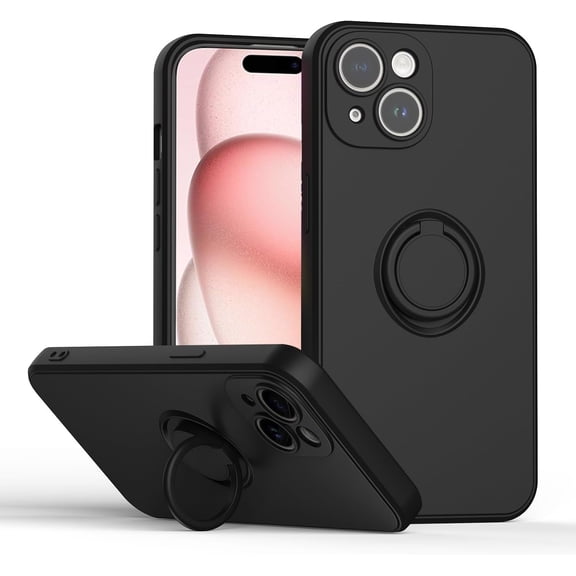 KOMI for iPhone 15 2023 Case,Slim Liquid Silicone Ring Kickstand Soft Anti-Scratch Microfiber Lining Protection Bumper Case for iPhone 15 Black