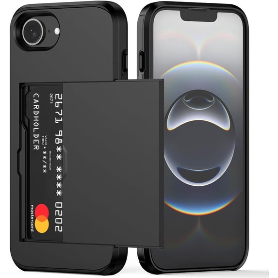 KOMI for iPhone 16e Case with Card Holder Dual Layer Heavy Duty Protective Hidden Card Slot Slim Wallet Cover for iPhone 16e 6.1'' (Black)