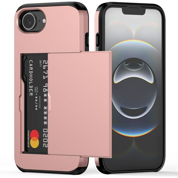 KOMI for iPhone 16e Case with Card Holder Dual Layer Heavy Duty Protective Hidden Card Slot Slim Wallet Cover for iPhone 16e 6.1'' (Rose Gold)