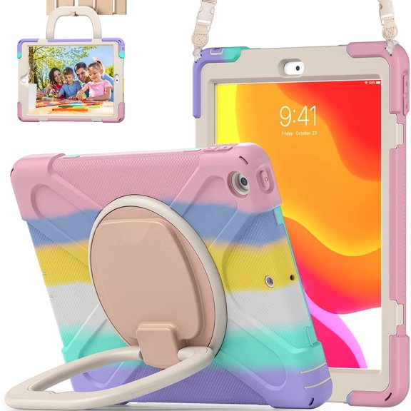 KOMI for iPad 10.2 Case 9th Generation 2021 / 8th Gen 2020 / 7th 2019,Shockproof Kids Case with Screen Protector,Rotating Stand/Pencil Holder/Shoulder Strap for iPad 10.2 Inch Colourful Pink