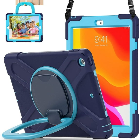 KOMI for iPad 10.2 Case 9th Generation 2021 / 8th Gen 2020 / 7th 2019,Shockproof Kids Case with Screen Protector,Rotating Stand/Pencil Holder/Shoulder Strap for iPad 10.2 Inch Navy Blue+Blue