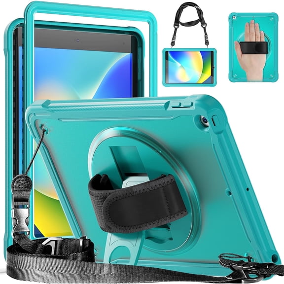 KOMI for iPad 9th/ 8th/ 7th Generation Case (iPad 10.2 inch Rugged Case 2021/2020/2019) with Screen Protector, Rotating Stand/Pencil Holder/Carrying Shoulder Strap Stick Kickstand & Translucent
