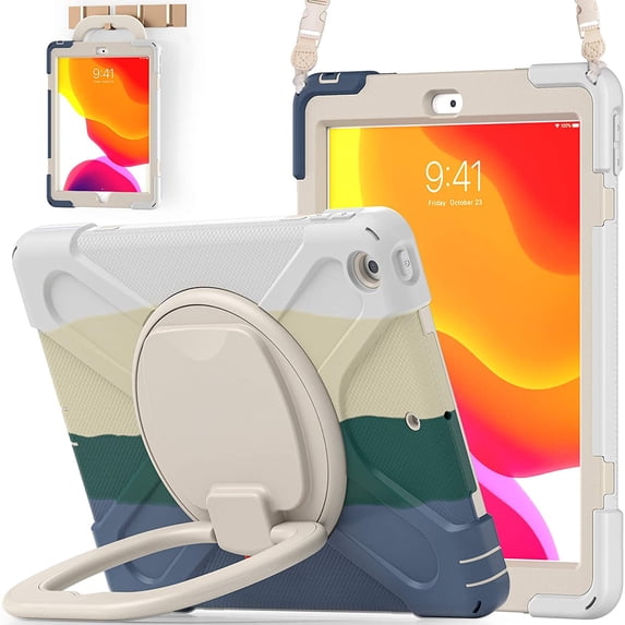 KOMI for iPad 9th/ 8th/ 7th Generation Case (iPad 10.2 inch Rugged Case 2021/2020/2019) with Screen Protector, Rotating Stand/Pencil Holder/Carrying Shoulder Strap Ring Kickstand (Colourful Green)