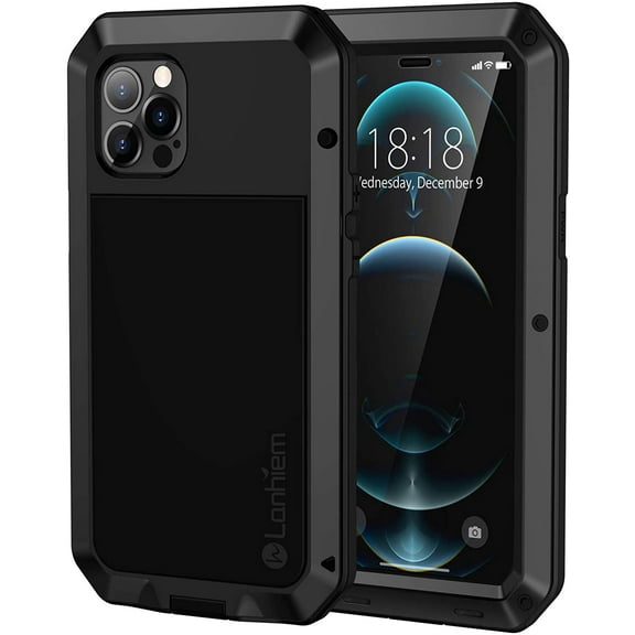 KOMI iPhone 12 Pro Max Metal Case, Heavy Duty Shockproof Tough Rugged Case with Built-in Glass Screen Protector, 360 Full Body Dust Proof Protective Cover, Black