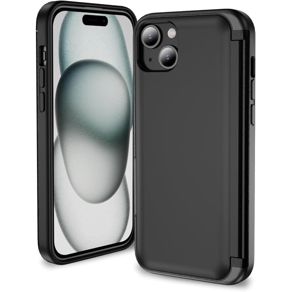 KOMI for iPhone 15 Case with Card Holder Black, 2 in 1 Flip Cover Resistance Shockproof Heavy Duty Protection Cover iPhone 15 Phone Case Rugged with Kickstand Black