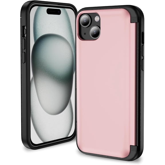 KOMI for iPhone 15 Case with Card Holder Black, 2 in 1 Flip Cover Resistance Shockproof Heavy Duty Protection Cover iPhone 15 Phone Case Rugged with Kickstand Pink