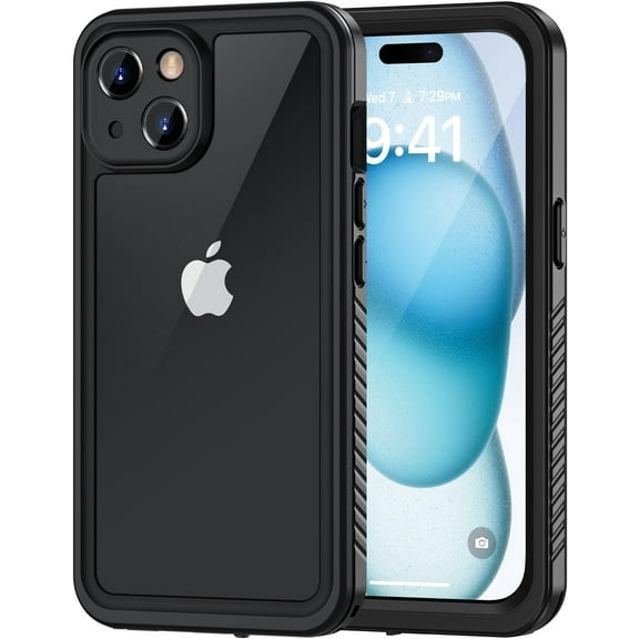 KOMI for iPhone 15 Case, IP68 Waterproof Dustproof Shockproof Cases with Built-in Screen Protector, 360 Full Body Protective Heavy Duty Rugged Phone Cover for iPhone 15-6.1 inch (Black/Clear)