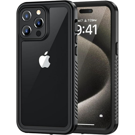 KOMI for iPhone 15 Pro Max Case, IP68 Waterproof Dustproof Case with Built-in Screen Protector, Full Body Heavy Duty Shockproof Rugged Phone Cover for iPhone 15 Pro Max - 6.7", Black/Clear
