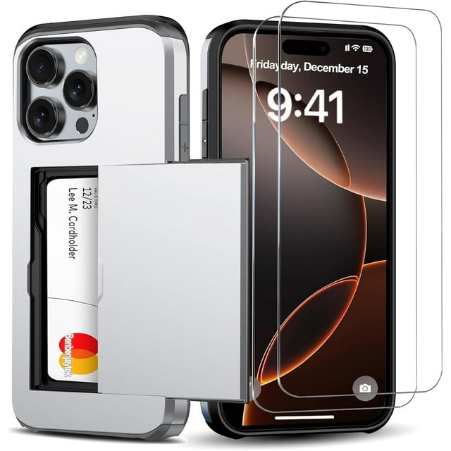 KOMI for iPhone 16 Pro Wallet Case with Card Holder + 2 Tempered Glass Screen Protector Protective Shockproof Hidden Card Slot Slim Case Women Men iPhone 16 Pro 6.3″ 2024 Silver