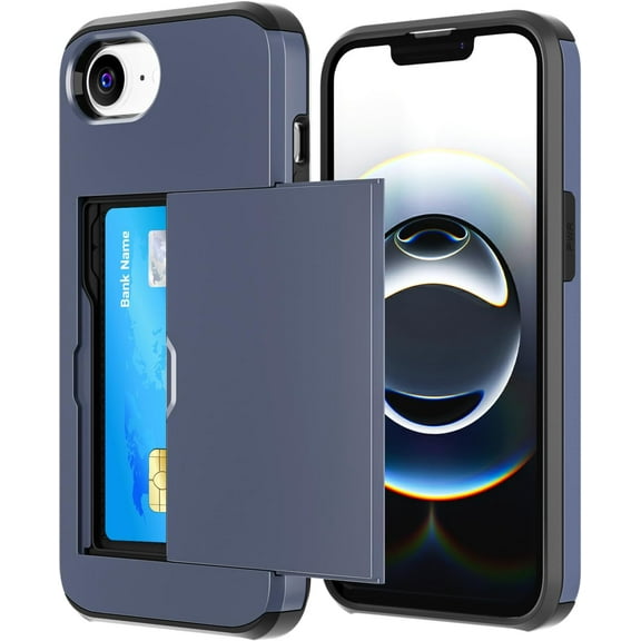 KOMI for iPhone 16E Case with Card Holder [Store 2 Cards] Dual Layer Heavy Duty Protective Case Hidden Card Slot Slim Wallet Case for iPhone 16E 2025 6.1" Bavy Blue with Card Holder