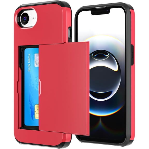 KOMI for iPhone 16E Case with Card Holder [Store 2 Cards] Dual Layer Heavy Duty Protective Case Hidden Card Slot Slim Wallet Case for iPhone 16E 2025 6.1" Red with Card Holder