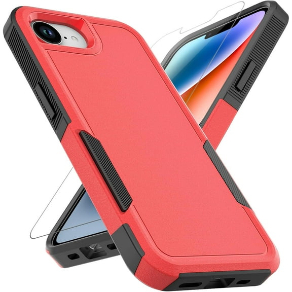 KOMI iPhone 16E Case: Dual Layer Protective Heavy Duty Cell Phone Cover Shockproof Rugged with HD Screen Protector - Military Protection Bumper Tough - Apple iPhone 16E / SE 2025 / SE4, Red