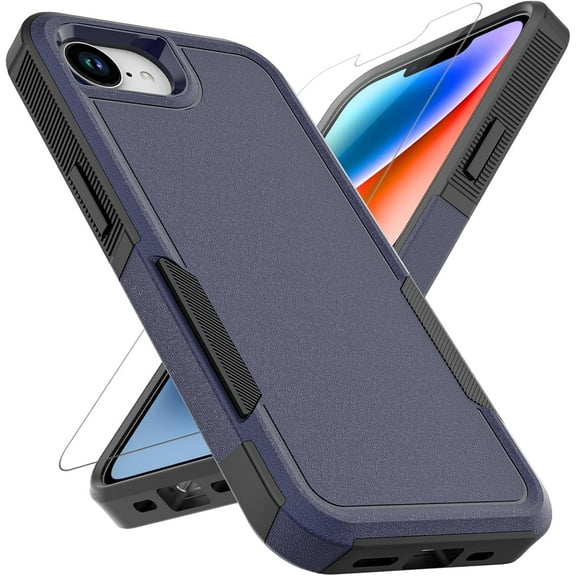 KOMI iPhone 16E Case: Dual Layer Protective Heavy Duty Cell Phone Cover Shockproof Rugged with HD Screen Protector - Military Protection Bumper Tough - Apple iPhone 16E / SE 2025 / SE4, Navy Blue