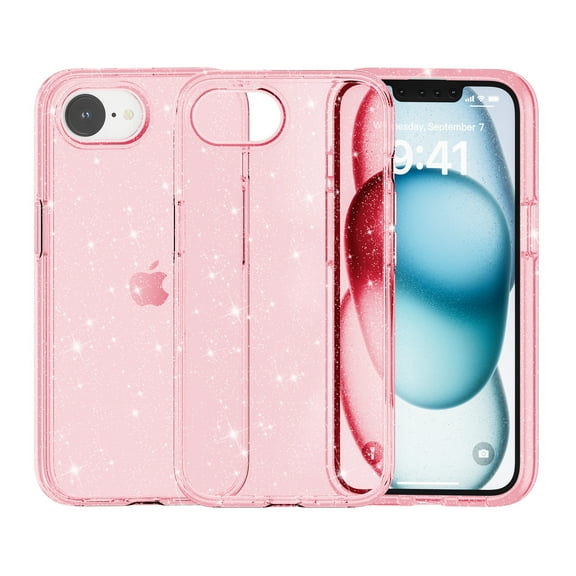 KOMI for iPhone 16E Case Glitter: for SE 4 2025 Bling Sparkle Clear Anti Yellowing Rugged Case Military Grade Protection Slim Cases | Scratch-Resistant Transparent Cell Phone Cover (Pink Glitter)