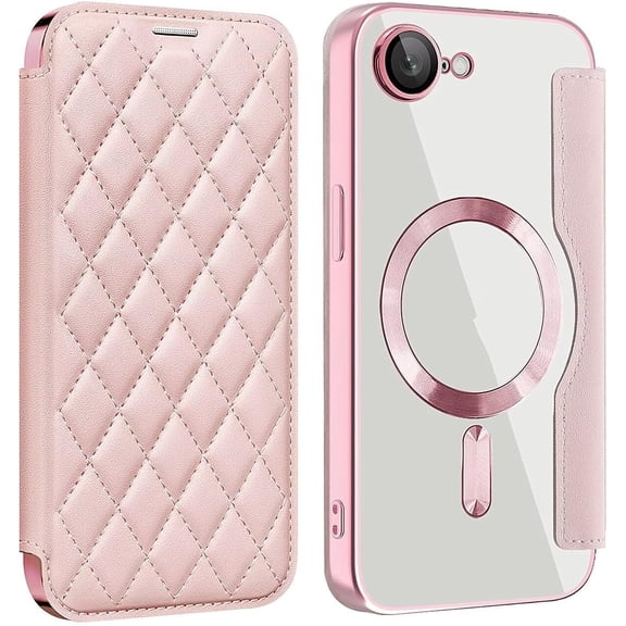 KOMI for iPhone 16E Case,Magnetic Leather [Compatible with Magsafe] Card Slot Flip Folio Wallet Shockproof Drop Protection Phone Case for iPhone 16e 6.1 Inch (Pink)