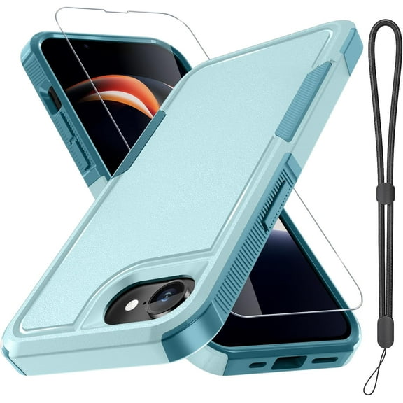 KOMI for iPhone 16E Case with Screen Protector,Military Grade Heavy Duty Shockproof Phone Cover with Wrist Lanyard Strap for iPhone 16E 2025 Released, Mint Green