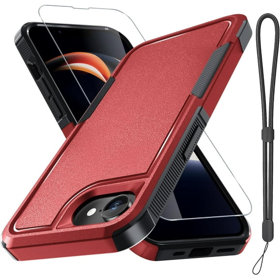 KOMI for iPhone 16E Case with Screen Protector,Military Grade Heavy Duty Shockproof Phone Cover with Wrist Lanyard Strap for iPhone 16E 2025 Released, Red