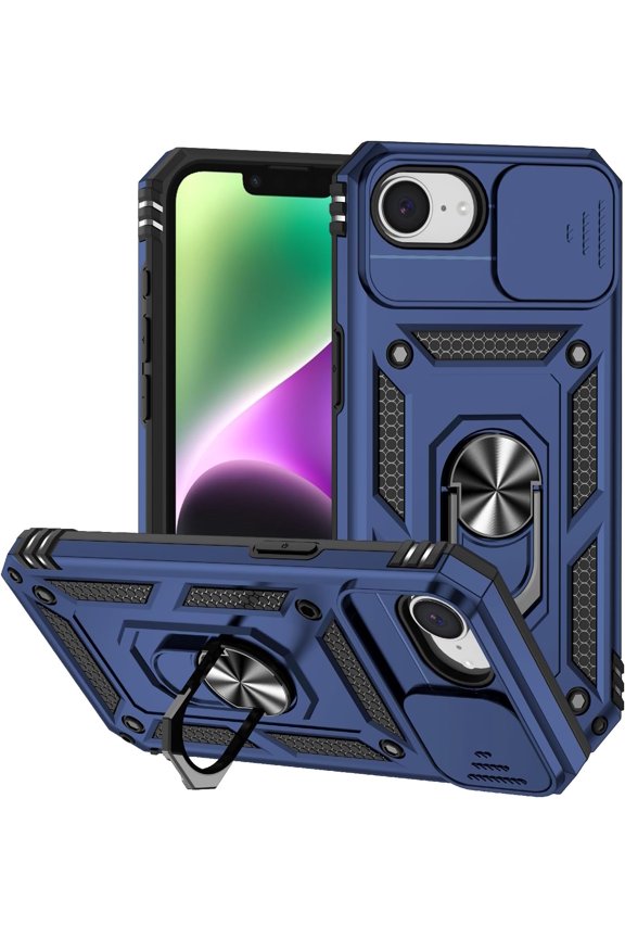 for iPhone 16e Case 2025 with Stand Ring Holder & Slide Camera Cover for Apple iPhone 16e Phone Case Silicone&PC Magnetic Heavy Duty Rugged Hard Military Grade Protective Cover (Blue)