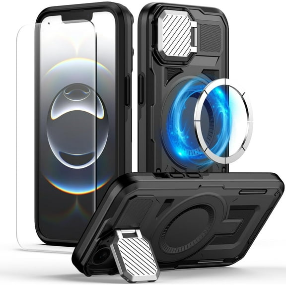 KOMI for iPhone 16e Case with Adjustable Camera Cover Stand & Screen Protector,[Compatible with MagSafe] [Military Grade Protection] Shockproof Phone Case for iPhone 16e 2025 6.1 inch, Black
