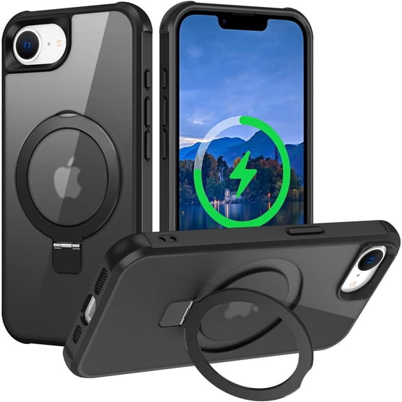 KOMI for iPhone 16e Case, with Magnetic Ring Stand [Compatible with MagSafe] [Military Grade Protection] Slim Shockproof Translucent Protective Phone Case - Black