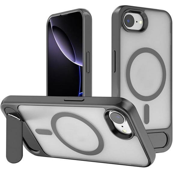KOMI for iPhone 16e Case Magnetic with Stand, Compatible with MagSafe & Raised Edge, Rugged Hard Back Full Body Protective Shockproof Translucent Phone Case for iPhone 16e 6.1" 2025, Gray
