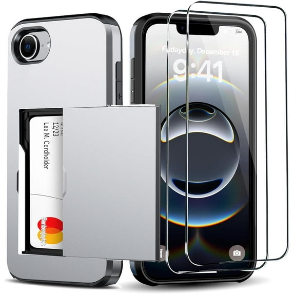 KOMI for iPhone 16e Wallet Case with Card Holder + 2 Tempered Glass Screen Protector Protective Shockproof Hidden Card Slot Slim Case Women Men for iPhone 16e 6.1" Gray