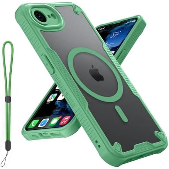 KOMI for iPhone SE 4 Case: for iPhone SE 4th Gen 2025 Case, Translucent Matte Back Compatible with Magsafe Magnetic Slim Shockproof Protective Case with Lanyard Strap Phone Cover, Green