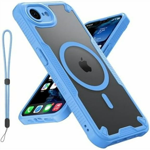 KOMI for iPhone SE 4 Case: for iPhone SE 4th Gen 2025 Case, Translucent Matte Back Compatible with Magsafe Magnetic Slim Shockproof Protective Case with Lanyard Strap Phone Cover, Blue
