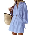 thumbnail image 1 of KOMOO 2 Piece Shorts Set for Women Stripe Long Sleeve Button Shirt Elastic High Waisted Shorts Tracksuit Outfit Sets, 1 of 9