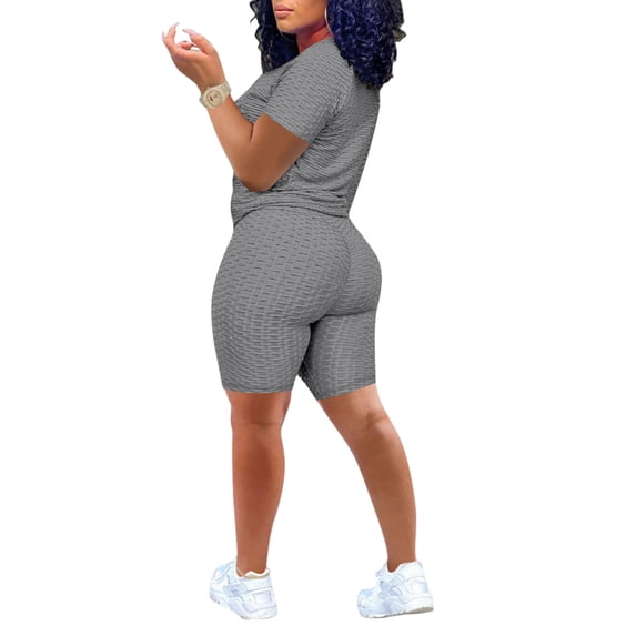 KOMOO 2Pc Women Sportswear Elastic Short Sleeve T-shirt Shorts Yoga Sports Fitness Suit Plus Size
