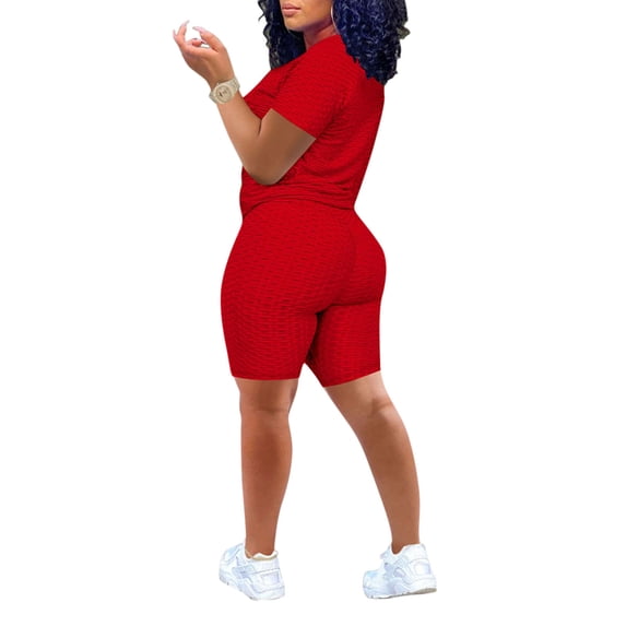 KOMOO 2Pc Women Sportswear Elastic Short Sleeve T-shirt Shorts Yoga Sports Fitness Suit Plus Size