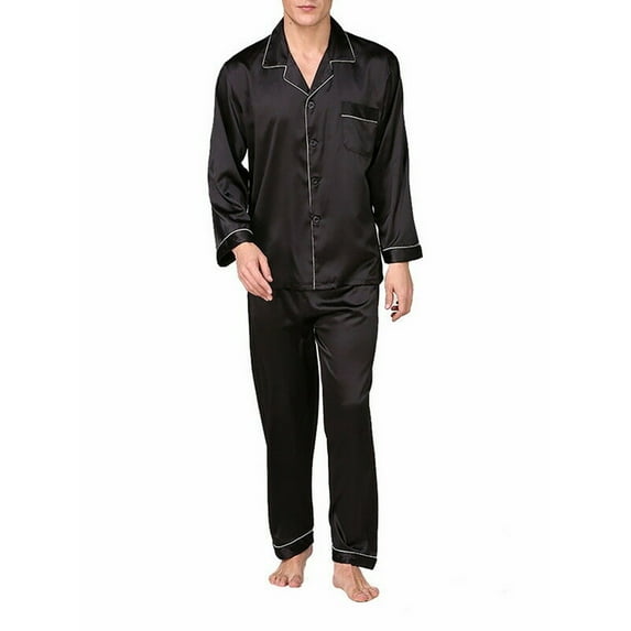 KOMOO 2Pcs Mens Silk Satin Pajamas Sets Solid long Sleeve Button Down Tops+Long Pants Sleepwear Summer Pjs Loungewear Plus Size