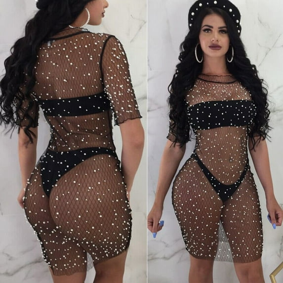 KOMOO 2Pcs See Through Mesh Bikini Swimsuit,Women Sequined Chiffon Cover Up Bikini Seaside Beach Swimsuit