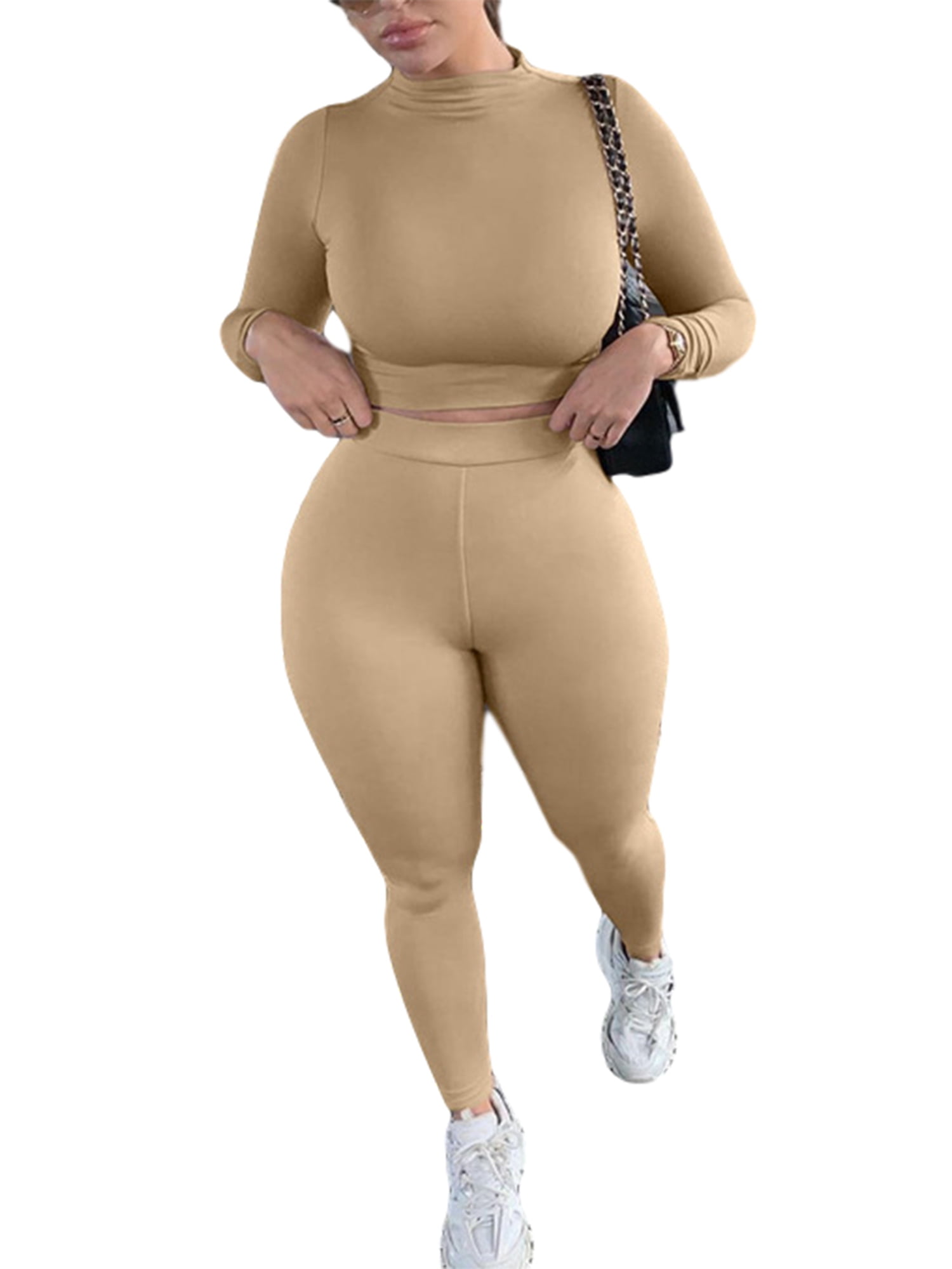 KOMOO 2Pcs Women Bodycon Tracksuit Outfits Long Sleeve Crop Top High Waist Yoga Leggings Elastic Workout Sets Walmart